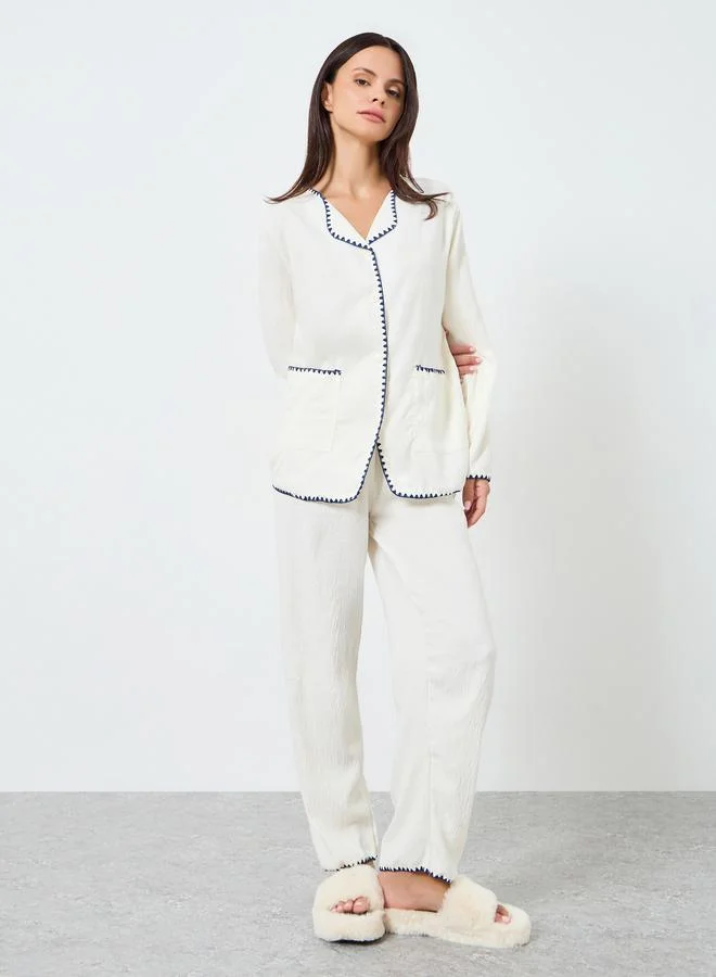 Styli Contrast Color Shirt&Pants Pajama Long Sets