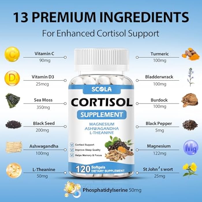 SCOLA Cortisol Supplement for Women and Men with Magnesium, Ashwagandha/L-Theanine, Cortisol Detox Manager, Cortisol Reducer Supports Relaxation & Calm, Mood, Sleep, 120 Count - Image 4