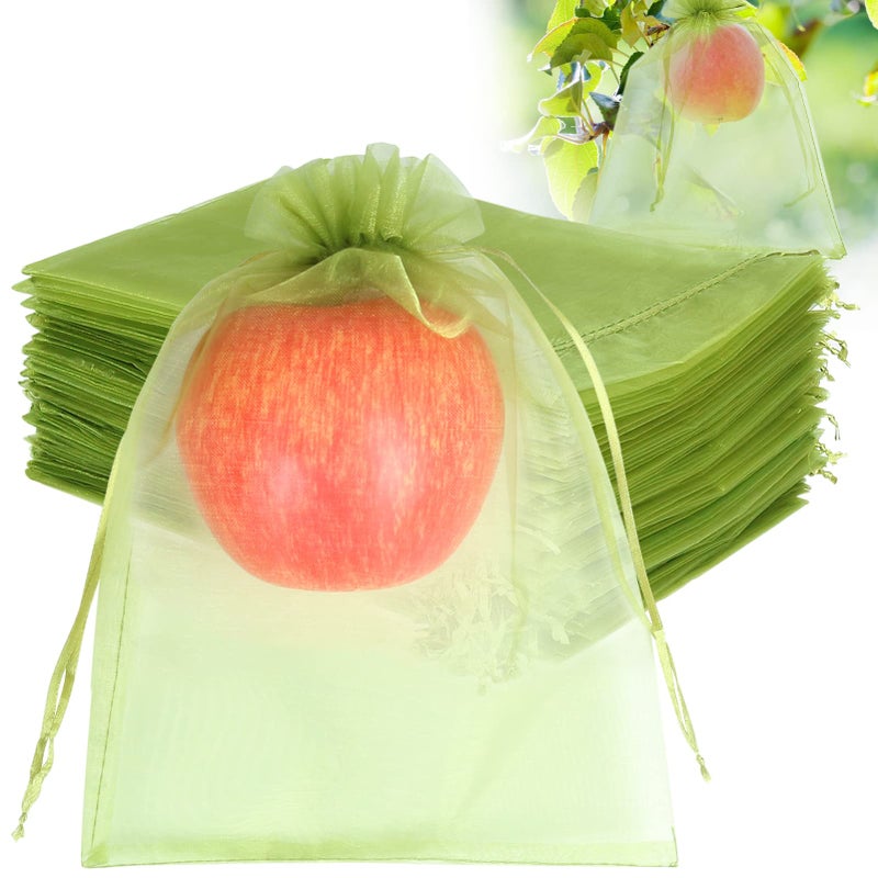 100pcs Fruit Protection Bags 6x9 inch Green Netting Cover Bags Drawstring Mesh Fruit Protectors Pest Barrier for Tomato Mango Trees Veggies Garden