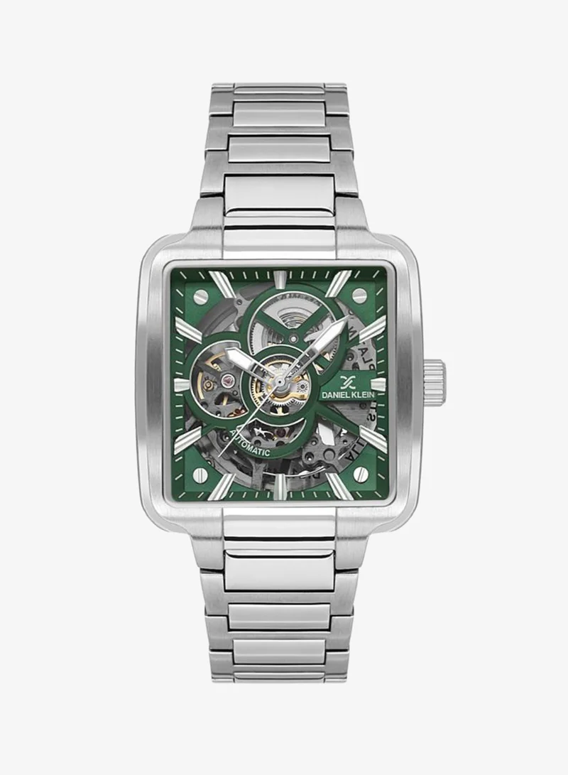 DANIEL KLEIN Men's Stainless Steel Silver Brass Case Analog Green squareSkeleton Dial Automatic Skeleton 30 Meters Water Resistant