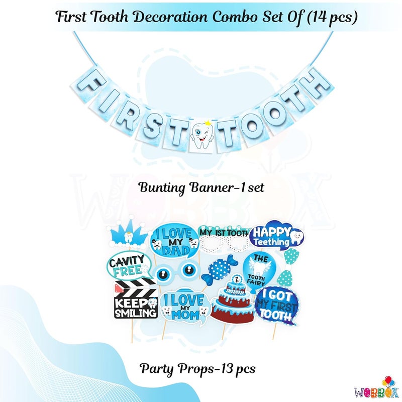 WOBBOX أدوات حفلة صور ووبوكس للأسنان الأولى (13 قطعة) مع لافتة أسنان أولى، باللون الأزرق والأبيض مع خط أنيق، زينة الأسنان الأولى، عناصر زينة الأسنان الأولى للرضع - Image 2