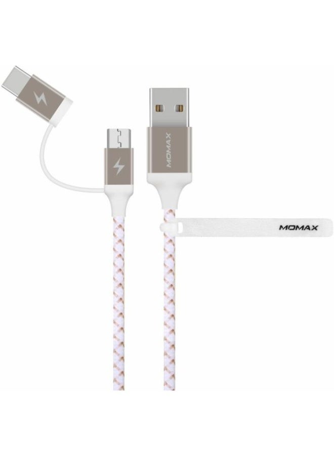 Momax ZERO 2-in-1 Fast Charging Cable | Type-C & Micro USB | Durable Braided Design | 1m – Gold & White - Image 1