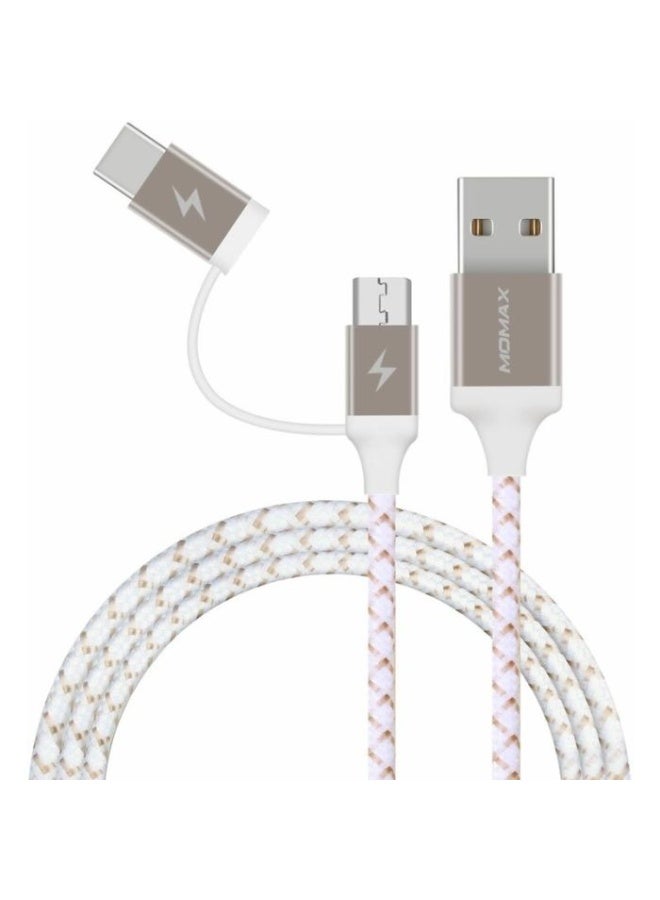 Momax ZERO 2-in-1 Fast Charging Cable | Type-C & Micro USB | Durable Braided Design | 1m – Gold & White - Image 2