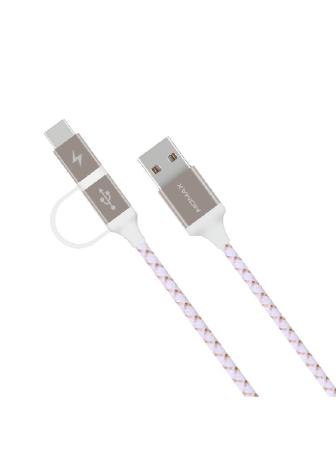 Momax ZERO 2-in-1 Fast Charging Cable | Type-C & Micro USB | Durable Braided Design | 1m – Gold & White - Image 3