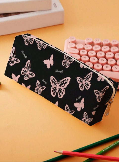 مقلمة بطبعة فراشات – حقيبة بسحاب كبيرة السعة للمدرسة والمكتب والمكياج