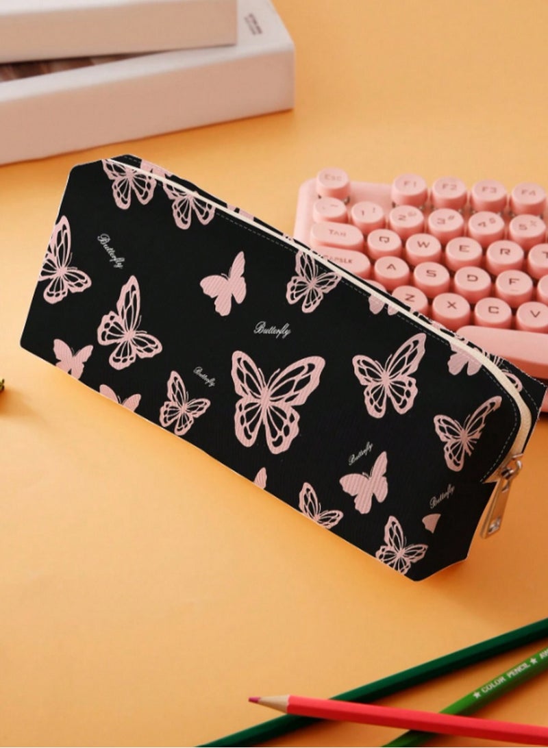 مقلمة بطبعة فراشات – حقيبة بسحاب كبيرة السعة للمدرسة والمكتب والمكياج - Image 1