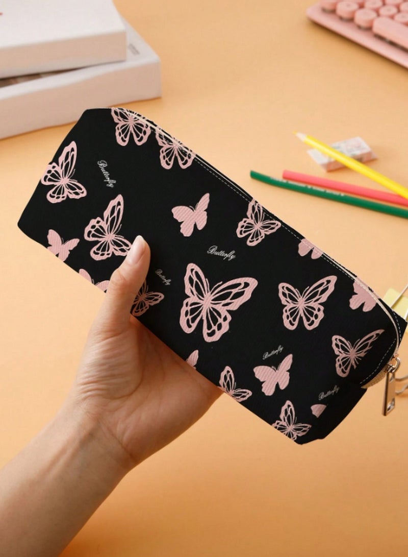 مقلمة بطبعة فراشات – حقيبة بسحاب كبيرة السعة للمدرسة والمكتب والمكياج - Image 2