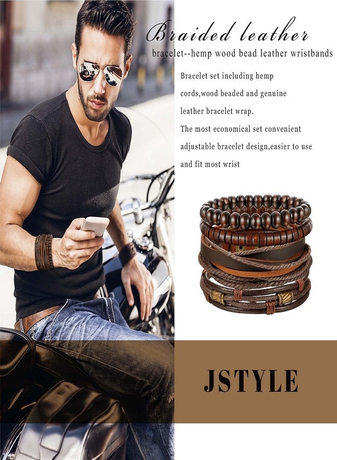 جي ستايل طقم أساور جلدية مضفرة من Jstyle مكون من 4 قطع، مناسب للنساء والرجال، مع خرز قابل للتعديل، لون بني - Image 5