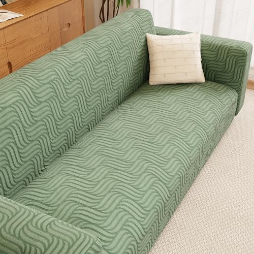 Lukzer 3 Seater Pastel Green Ripple Lines Pattern Sofa Cover | 240 GSM Universal Stretch Fit Jacquard Fabric Couch Protector | Fully Covered Anti Slip & Washable Sofa Cover | (180-230cm/SC-160-03) - Image 1