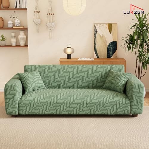 Lukzer 3 Seater Pastel Green Ripple Lines Pattern Sofa Cover | 240 GSM Universal Stretch Fit Jacquard Fabric Couch Protector | Fully Covered Anti Slip & Washable Sofa Cover | (180-230cm/SC-160-03) - Image 4
