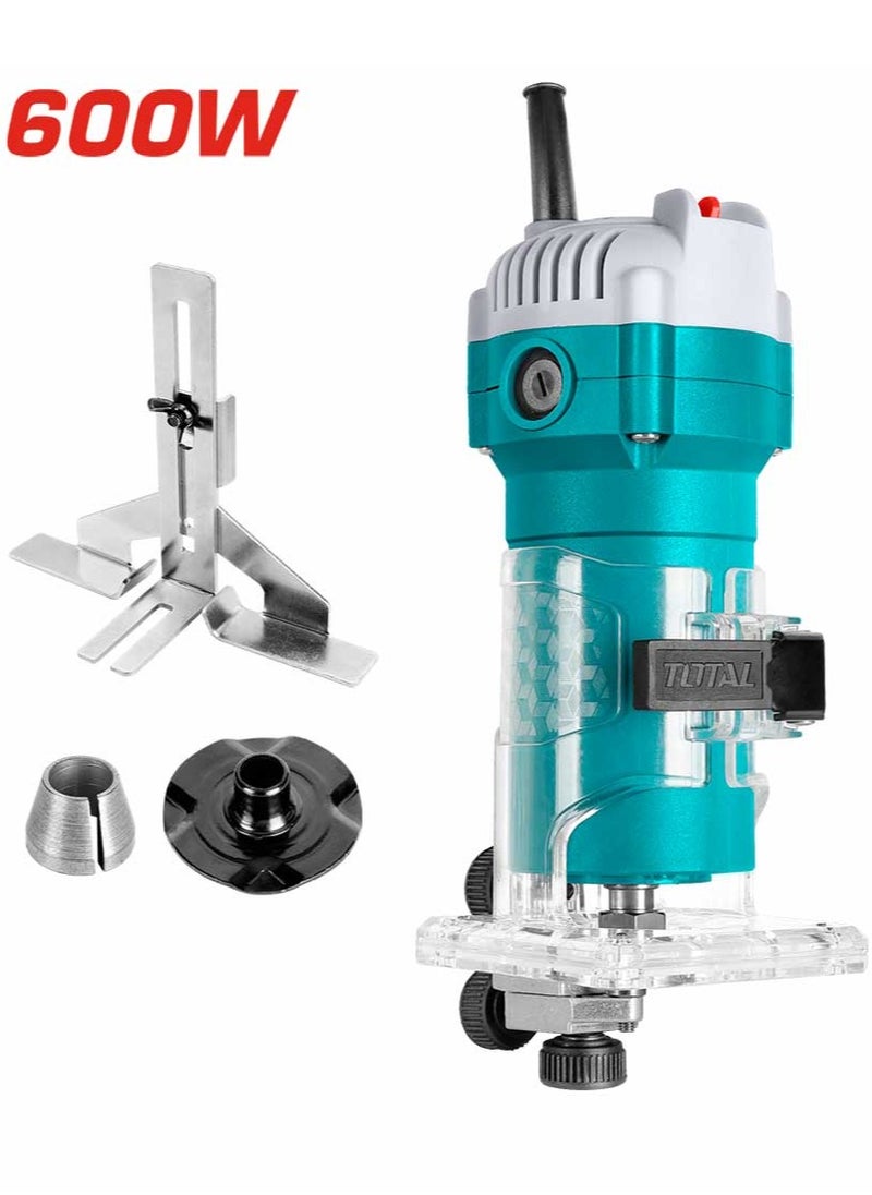 TOTAL - TOTAL Laminate Trimmer 600W, 34500 RPM, 6mm & 1/4" Collet, Precision Woodworking Tool with Template Guide, Horizontal & Linear Guides, Extra Carbon Brushes for DIY & Professional Use - Image 1