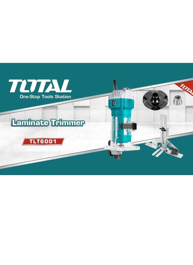 TOTAL - TOTAL Laminate Trimmer 600W, 34500 RPM, 6mm & 1/4" Collet, Precision Woodworking Tool with Template Guide, Horizontal & Linear Guides, Extra Carbon Brushes for DIY & Professional Use - Image 1