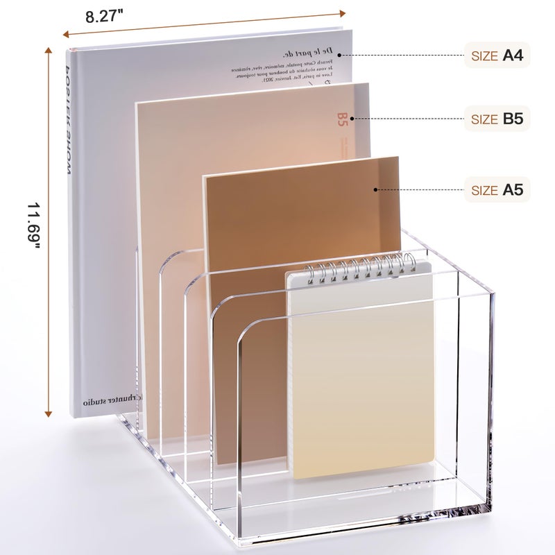 YUXUN Acrylic Magazine Holder,Clear Desk Organizer Vertical File Sorter Holder Stand for Notebook,Paper,Envelope,Magazine, Book Storage-Office/Home/Classroom Organization (5 Compartments,B5) - Image 3