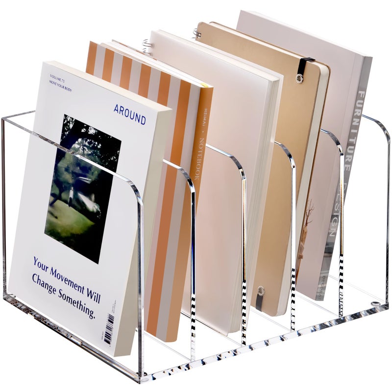 YUXUN Acrylic Magazine Holder,Clear Desk Organizer Vertical File Sorter Holder Stand for Notebook,Paper,Envelope,Magazine, Book Storage-Office/Home/Classroom Organization (5 Compartments,B5) - Image 1