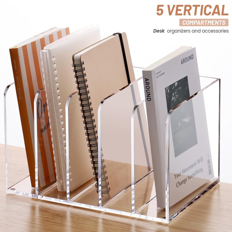YUXUN Acrylic Magazine Holder,Clear Desk Organizer Vertical File Sorter Holder Stand for Notebook,Paper,Envelope,Magazine, Book Storage-Office/Home/Classroom Organization (5 Compartments,B5) - Image 4