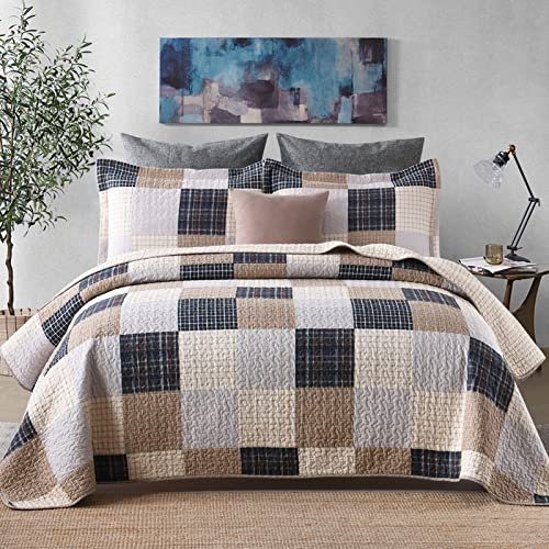 Finlonte Quilt King Size 100% Cotton Quilt, Brown Plaid Bedspread for All Seasons, Lightweight and Soft, 3-Pieces - Image 1