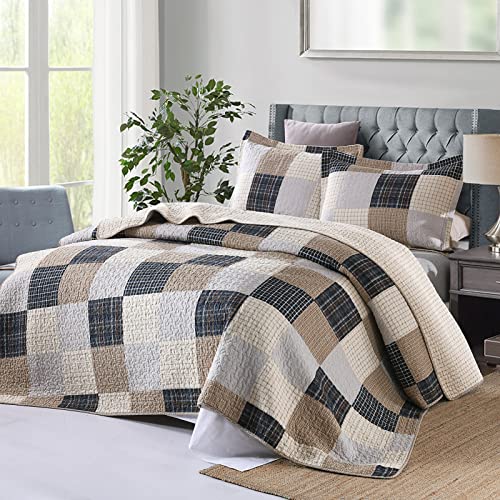 Finlonte Quilt King Size 100% Cotton Quilt, Brown Plaid Bedspread for All Seasons, Lightweight and Soft, 3-Pieces - Image 3