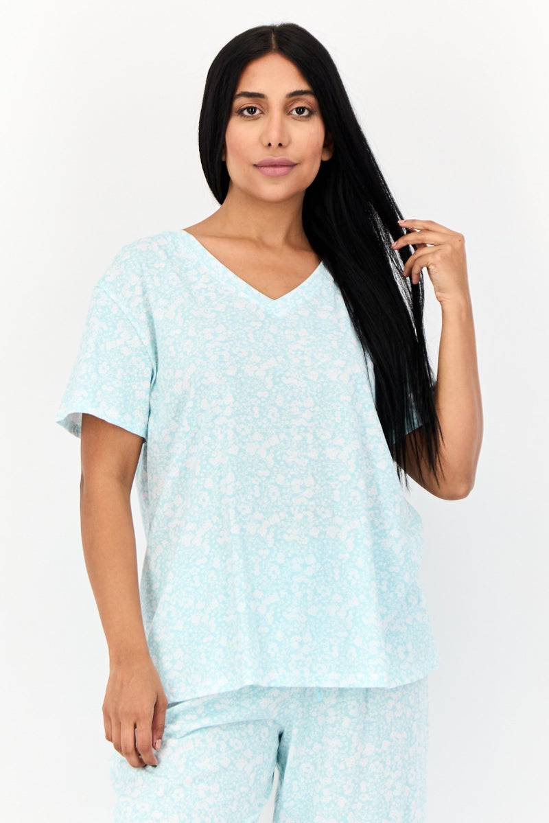 Celestial Dreams Women 2Pcs Floral Pattern Sleepwear Set, Multicolor - Image 2