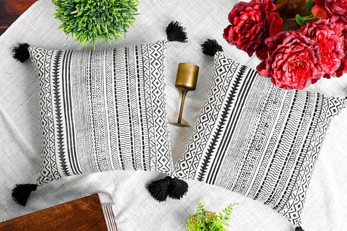 COTTON HANDBLOCK PRINT SOFT GEOMETRICAL PATTERN SQUARE EMBROIDERY CUSHION COVER WITH TASSEL 18X18 INCHES