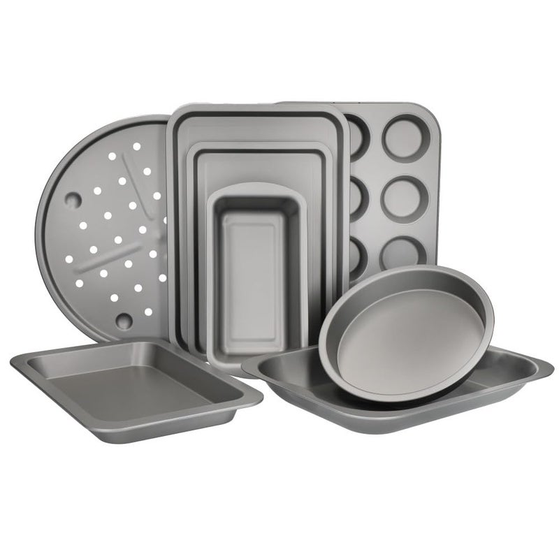 KitchenCraft NonStick Baking and Cooking Set 8Piece Bakeware Set Including Loaf Tin Round Cake Tin Baking Trays Pizza Pan and Muffin Tray Carbon Steel Gift Boxed One Size Grey
