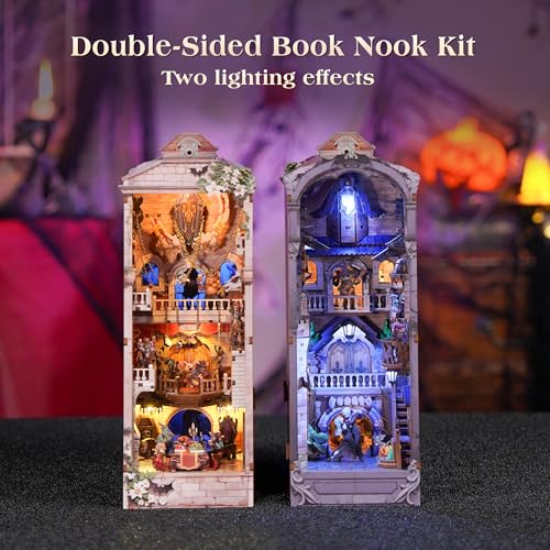 Tonecheer DIY Book Nook Kit for Adults DoubleSided Booknook Wooden 3D Puzzle Bookend Miniature House Kit Fantasy Bookshelf Decor with Dust Cover and LED Light for Birthday Gifts Monster Carnival - Image 5
