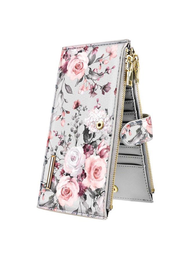 Coco Rossi Womens RFID Blocking Multi Card Organizer Bifold Wallet with Zipper Pocket,Grey Flowers - Image 1