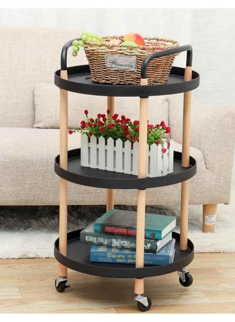 Serving cart with 3 circular shelves on wheels