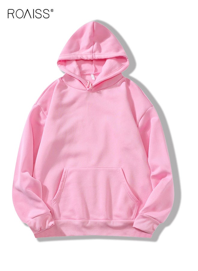 Men's Pink Oversized Streetwear Pullover Hoodie - Drawstring Hooded Drop Shoulder Long Sleeve with Pocket, Casual Spring Fall Comfort Fit Sweatshirt in Solid Color image 2