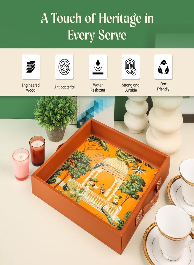 Birch & Co. صينية خشبية للتقديم - 4 قواعد أكواب مجانية - 12 بوصة × 12 بوصة - صينية تقديم - طقم صواني للزينة - صواني شاي - صينية قهوة كبيرة - صينية MDF فاخرة - صواني تقديم خشبية - صينية راتنج، تصميم تراثي - Image 4
