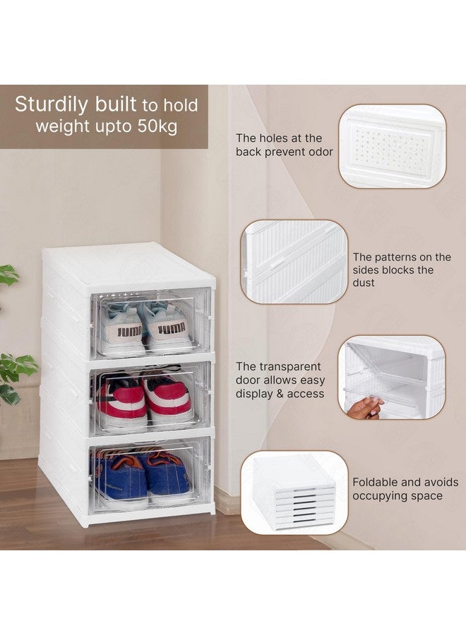 ABOUT SPACE Sneaker Box- 3 Tier Shoe Rack | Collapsible Shoe Organiser With Door-Foldable Sneaker Crates Footwear Organiser For Men, Women, Heels, Boots, Loafers, Sneakers, Slippers (White) - Plastic - Image 5