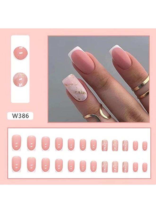 SPLOCUDU Square Pink Press on Nails Short French Fake Nails with Gold Foil Glossy Nude False Nails Acrylic Full Cover Stick on Nails Glue on Nails for Women 24Pcs - Image 3