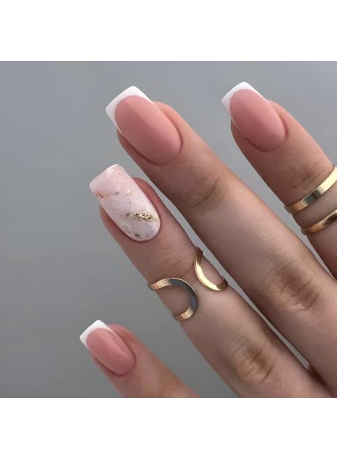 SPLOCUDU Square Pink Press on Nails Short French Fake Nails with Gold Foil Glossy Nude False Nails Acrylic Full Cover Stick on Nails Glue on Nails for Women 24Pcs - Image 1