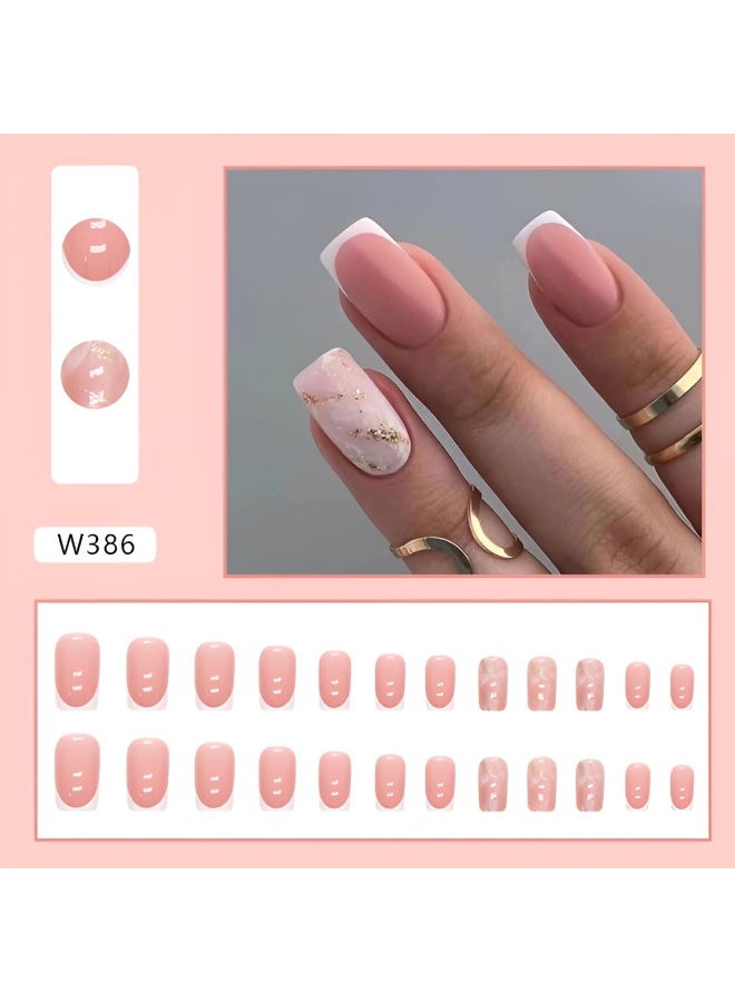 SPLOCUDU Square Pink Press on Nails Short French Fake Nails with Gold Foil Glossy Nude False Nails Acrylic Full Cover Stick on Nails Glue on Nails for Women 24Pcs - Image 4