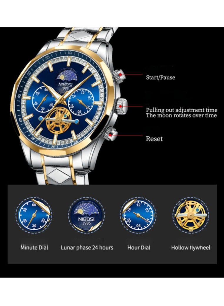 NIBOSI Men's Fashion Business Quartz Blue Dial Water Resistant with Two-Tone Stainless Steel Band Watch - Image 4