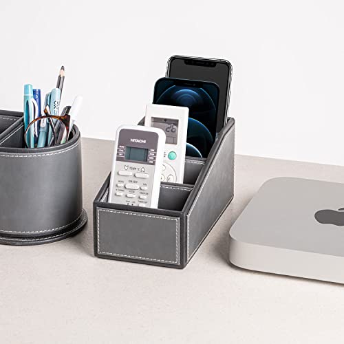 Spread Spain® Leatherite TV Remote Control Holder Organizer with 4 Compartments for Desktop Organizer, TV Remote Caddy/Box Container for Desk, Office Supplies, Home - Light Grey/Black - Image 1