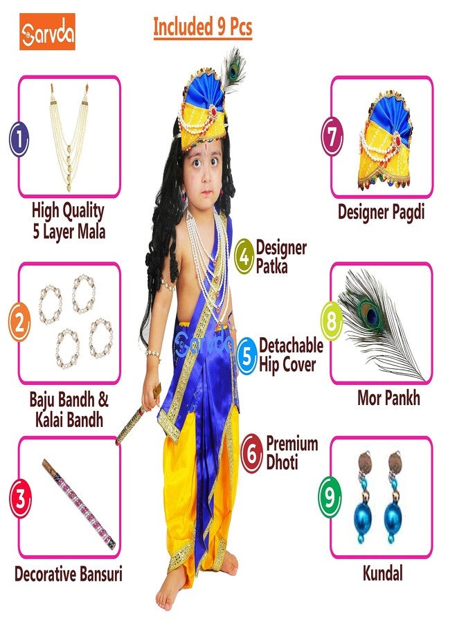 Sarvda Brocade Shree Krishna Dress For Kids For Baby Boy Radha Dress For Girls With Accessories Dhoti, Dupatta, Mukut Flute Complete Set, Multicolor - Image 4