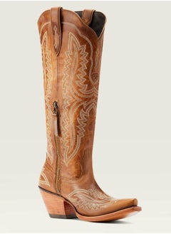 Loquat Cowboy Boots For Women Western Embroidered Cowgirl Boots Chunky Heel Wide Tube Boots Pull on Pointy Toe Vintage Boots Yellowish Brown  - Image 1