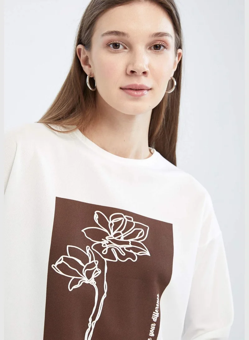 DeFacto Regular Fit Long Sleeve Floral Picture Printed Sweatshirt Tunic