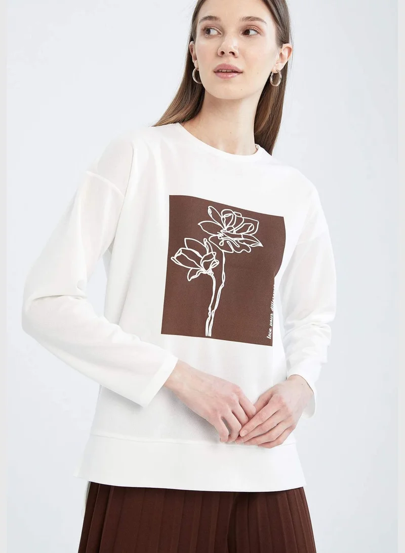 DeFacto Regular Fit Long Sleeve Floral Picture Printed Sweatshirt Tunic