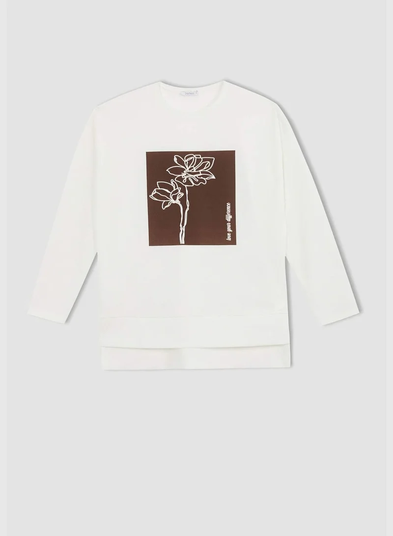 DeFacto Regular Fit Long Sleeve Floral Picture Printed Sweatshirt Tunic