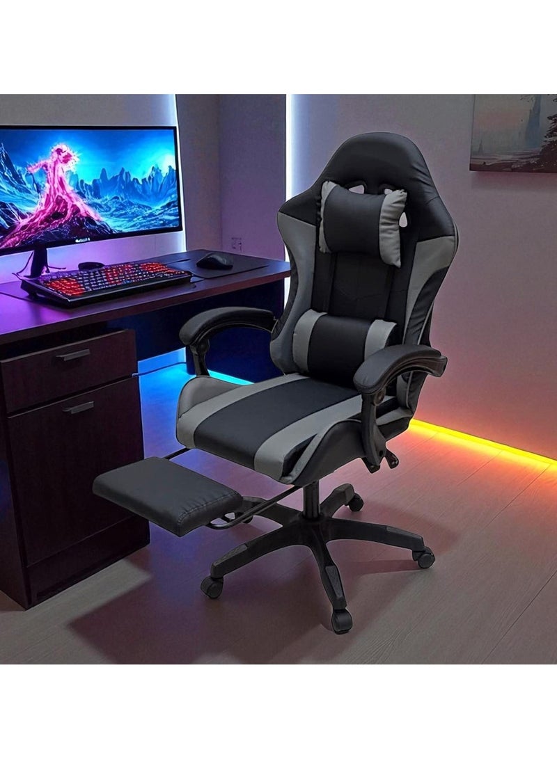 مفروشات صابر واخوانه (ذ.م.م) SBF Gaming Chair with Footrest – High Back PU Leather Ergonomic Office Desk Chair with Adjustable Height, Reclining Backrest, Headrest & Lumbar Support – Swivel Computer Gaming Chair, Grey Black - Image 2