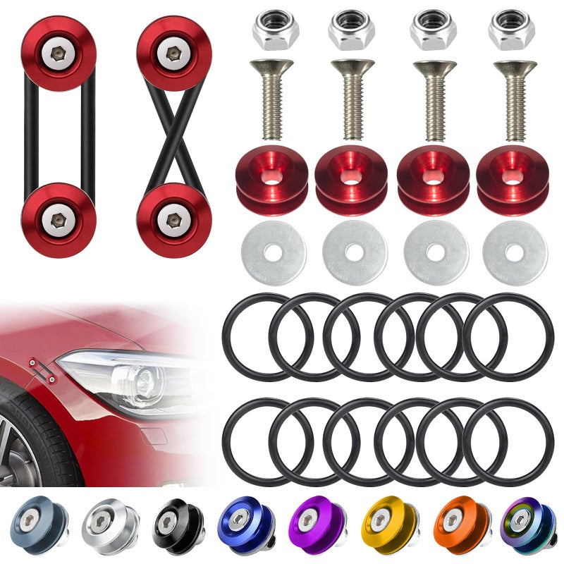 BFXM Universal Bumper Clips المصد الأمامي الخلفي مجموعة أدوات التحرير السريع حاملات الصدمات للسيارات (4 علامات تبويب سريعة التحرير للمصد الأحمر و12 حلقة دائرية مخصصة) - Image 1
