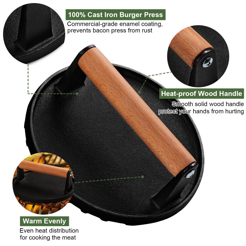 EWFEN Burger Press, 7" Round Heavy-Duty Cast Iron Smash Bacon Press Meat Steak with Wood Handle for Griddle, Sandwich, Nonstick Pan - Image 3