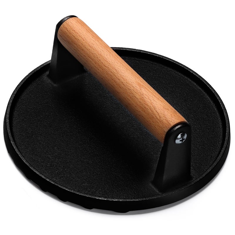 EWFEN Burger Press, 7" Round Heavy-Duty Cast Iron Smash Bacon Press Meat Steak with Wood Handle for Griddle, Sandwich, Nonstick Pan - Image 1