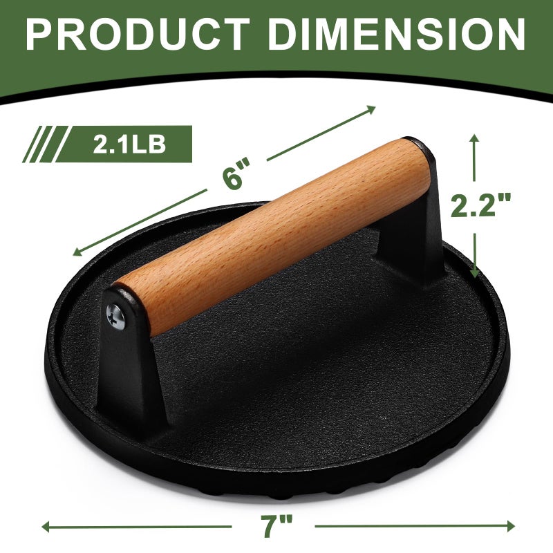 EWFEN Burger Press, 7" Round Heavy-Duty Cast Iron Smash Bacon Press Meat Steak with Wood Handle for Griddle, Sandwich, Nonstick Pan - Image 2