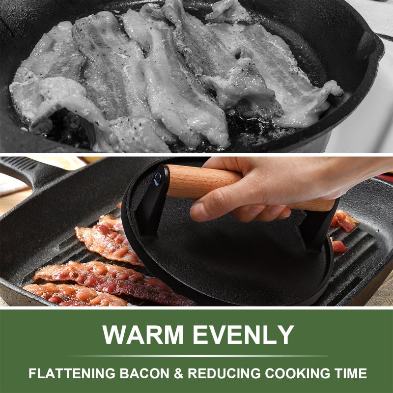 EWFEN Burger Press, 7" Round Heavy-Duty Cast Iron Smash Bacon Press Meat Steak with Wood Handle for Griddle, Sandwich, Nonstick Pan - Image 5