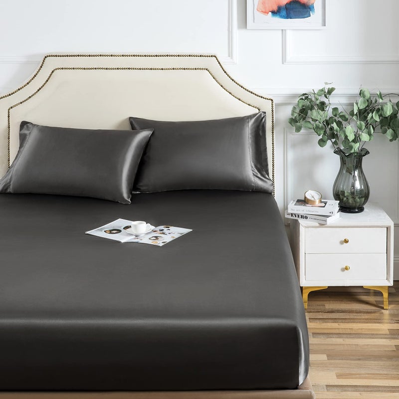 Luxbedding Satin Fitted Sheet  Queen Fitted Sheet Only  1 - Piece Ultra Soft Deep Pocket Single Silk Bottom Bed Sheet Queen - Grey 
