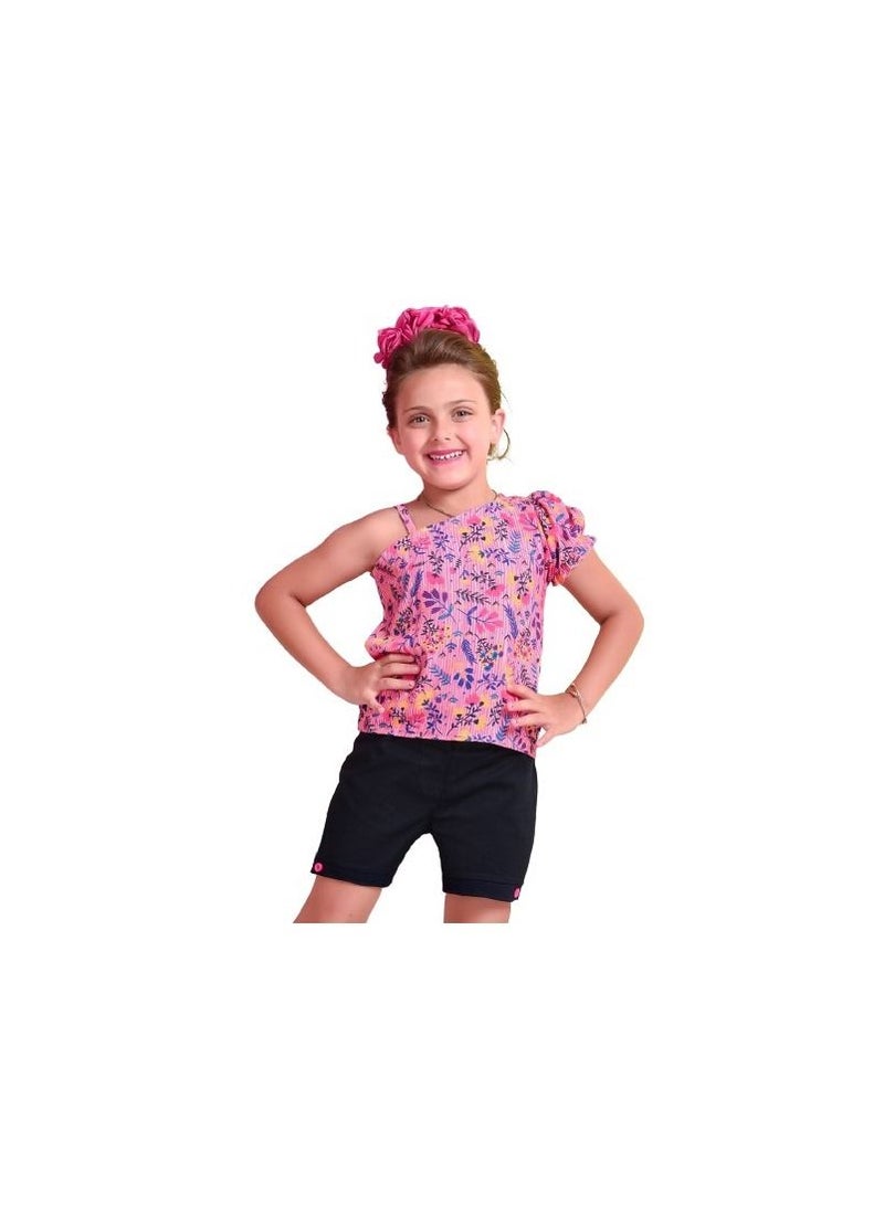 Girls' outing set consisting of a pink floral T-shirt and Dark blue shorts 