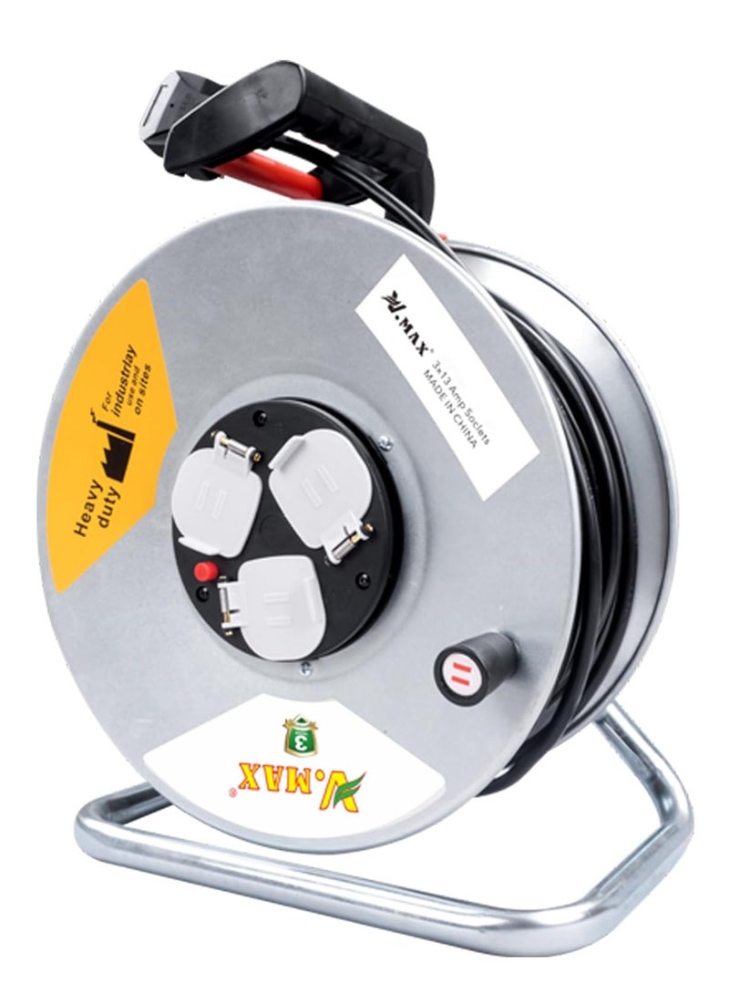 Vmax 3 Socket Open Cable Reel Extension Lead with Winding Handle | Thermal Cut Out and Power Switch 25 Metres High Visibility Cable Reel sliver (2 * 1.5MM sq. 25M) - Image 1