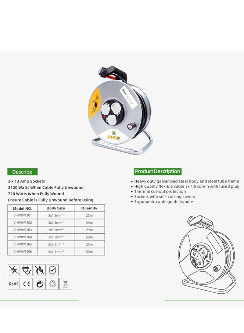 Vmax 3 Socket Open Cable Reel Extension Lead with Winding Handle | Thermal Cut Out and Power Switch 25 Metres High Visibility Cable Reel sliver (2 * 1.5MM sq. 25M) - Image 4
